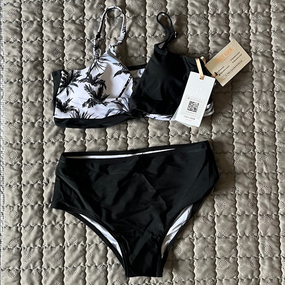Grace Karin Black and White Palm Print Bikini Set - Picture 7 of 13